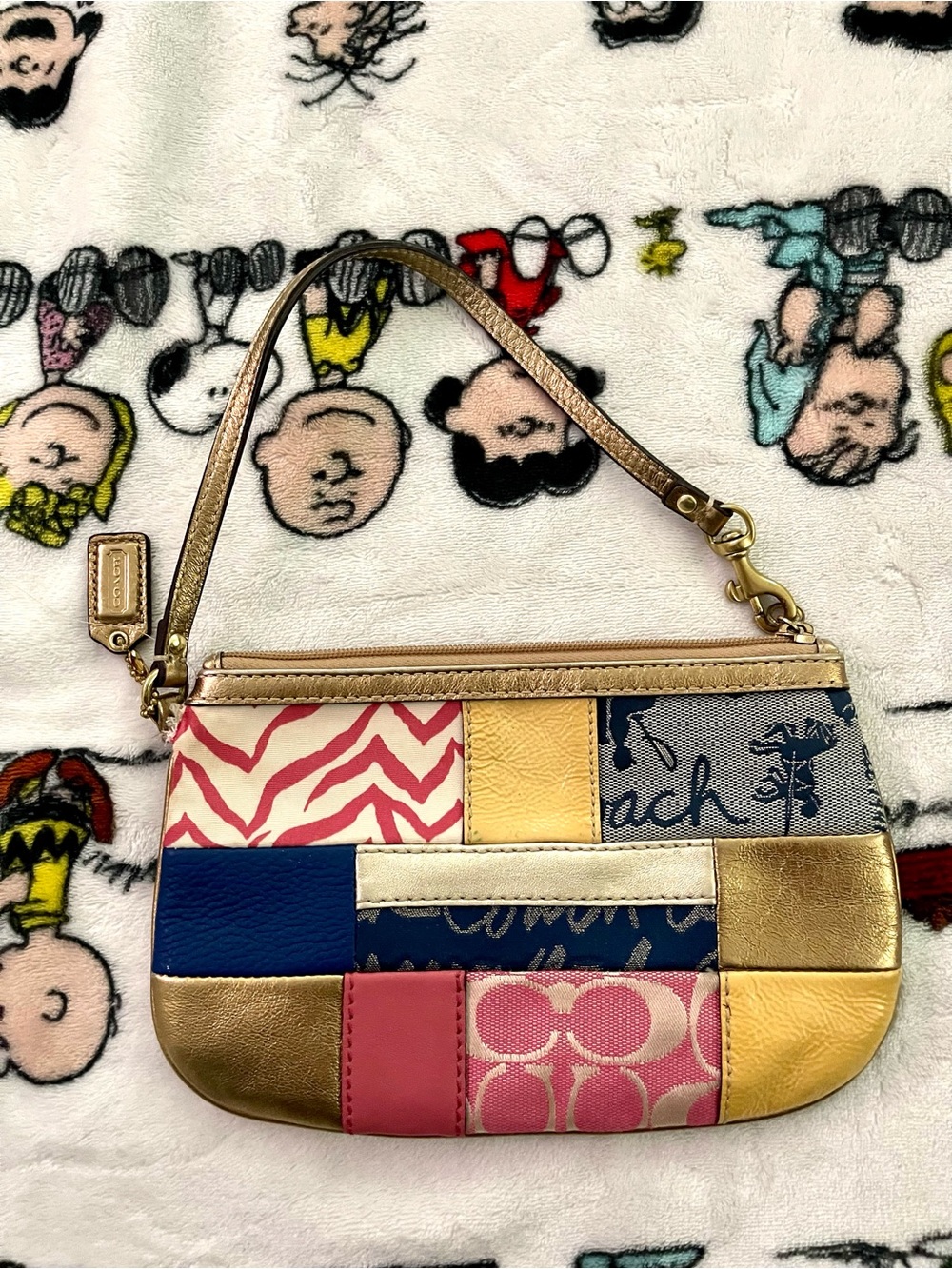 Vintage Coach Patchwork Gold Pink Blue Small Wristlet